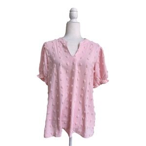 B Pink Clip Dot Short Puff Sleeve V Neck Womens Size M Blouse Solid Polka Dot